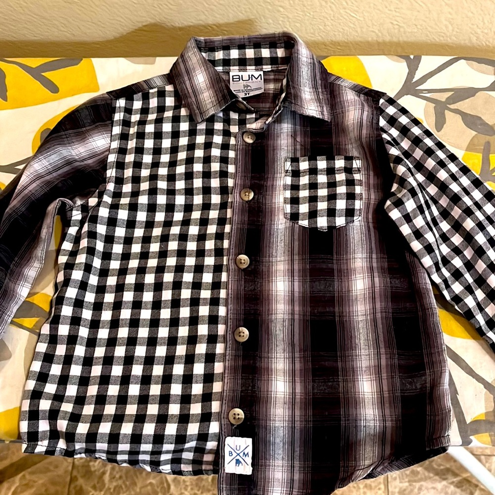 BUM Equipment boys black and white button down long sleeve shirt